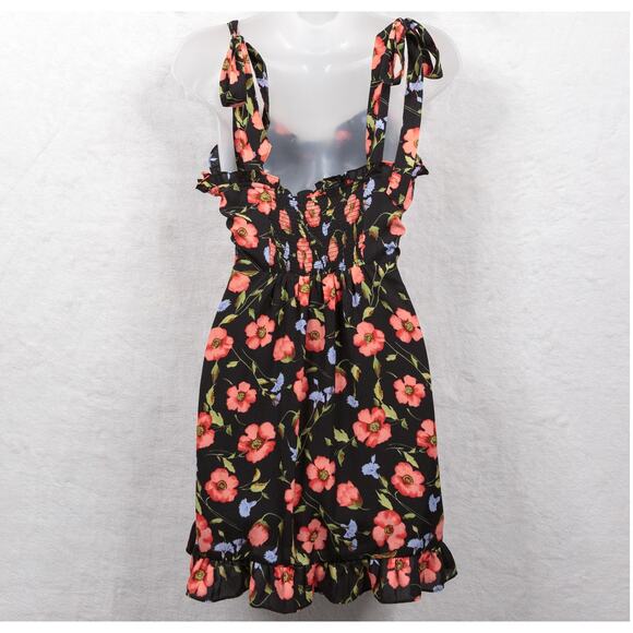 FOREVER 21 Smocked Ruffle Hem Flowy Floral Tie Mini Dress Dark Romantic Sz S - Picture 5 of 8